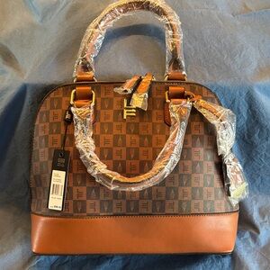 London Fog Logo Pattern Satchel in Brown and Tan